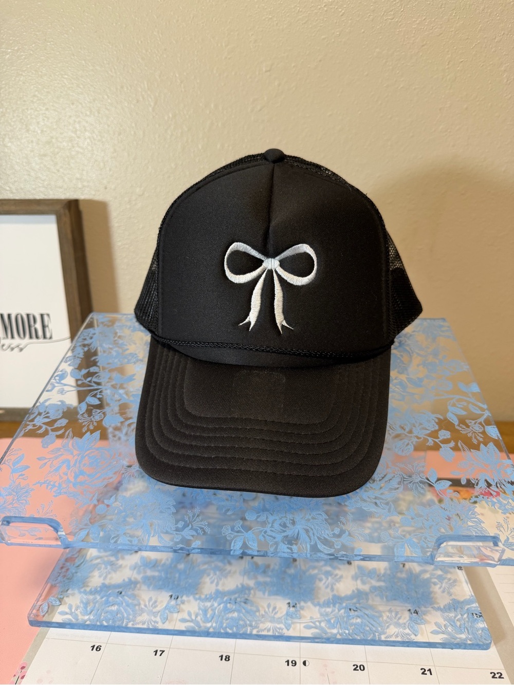 OTTO Black Trucker Hat with White Bow Accent